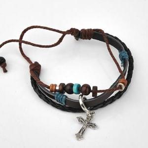 Cool Vintage Women Men Cross Charm Woven Leather Bracelets Jewelry Wire ...